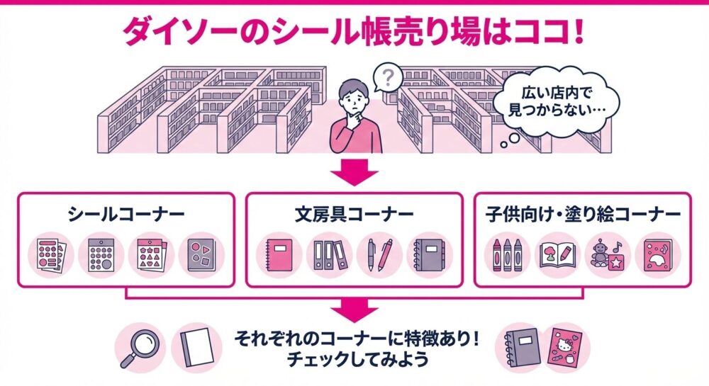 ダイソーのシール帳売り場がどこのコーナーにあるかの図解