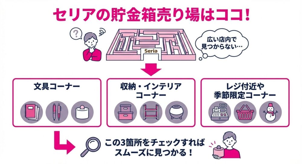 セリアの貯金箱売り場がどこのコーナーにあるかの図解