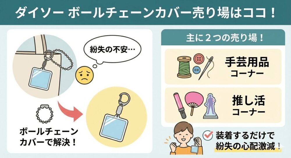 ダイソーのボールチェーンカバー売り場がどこのコーナーにあるかの図解