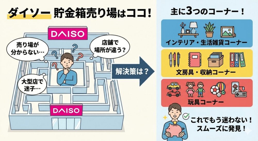 ダイソーの貯金箱売り場がどこのコーナーにあるかの図解