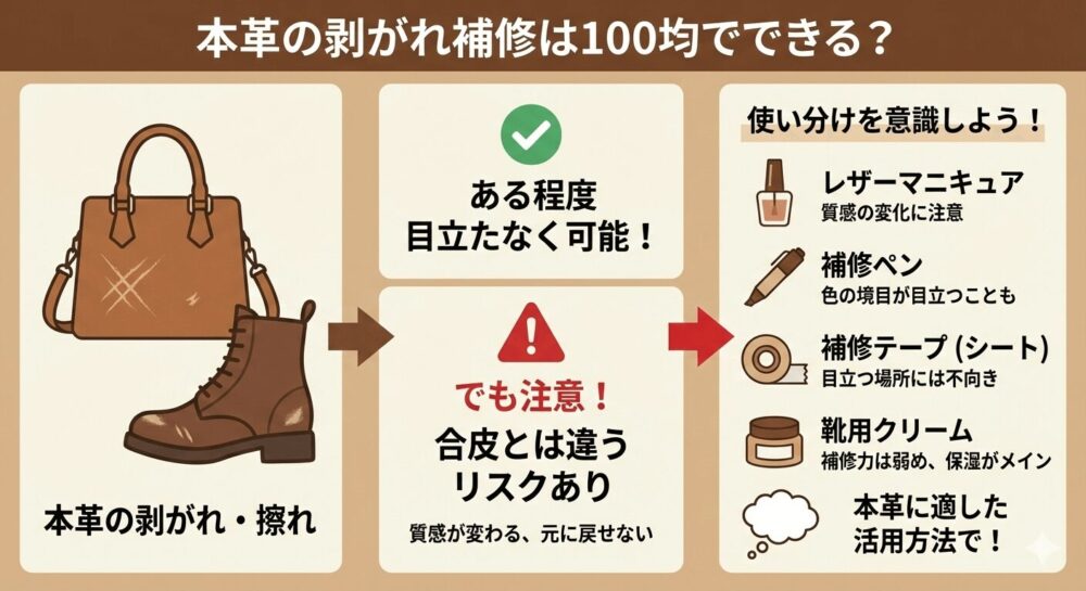 100均のアイテムで本革の剥がれ補修はできるかの図解