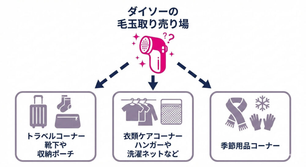 ダイソーの毛玉取り(エチケットブラシ)売り場がどこのコーナーにあるかの図解