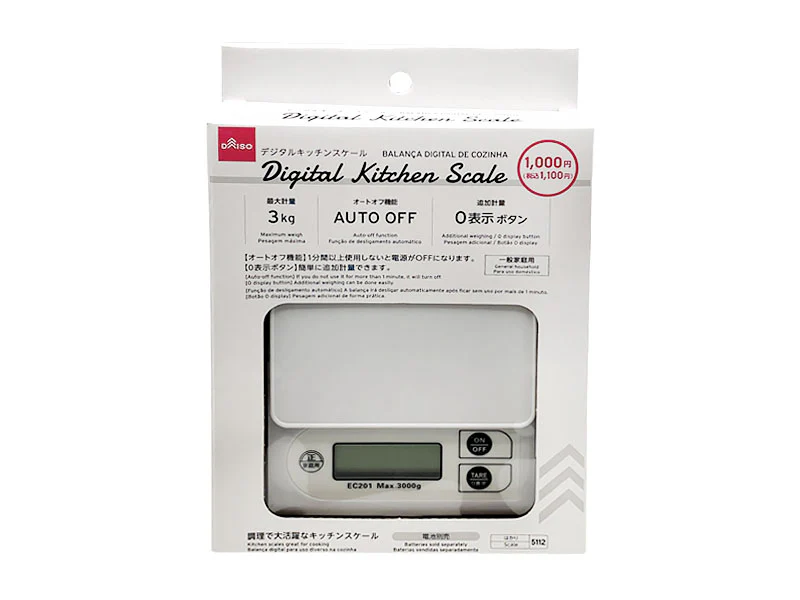 ダイソーネットストアで売っているデジタルキッチンスケール(3kg、ホワイト)