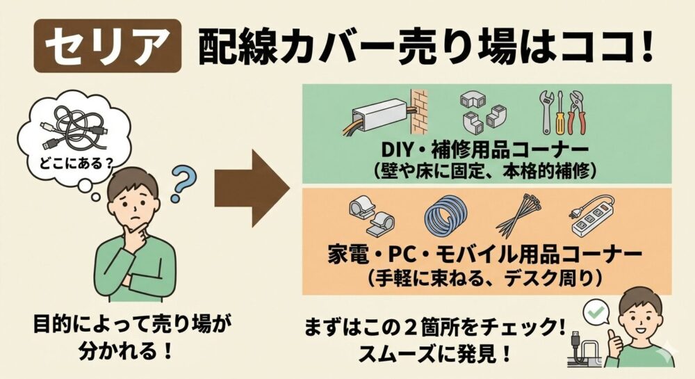 セリアの配線カバー売り場がどこのコーナーにあるかの図解