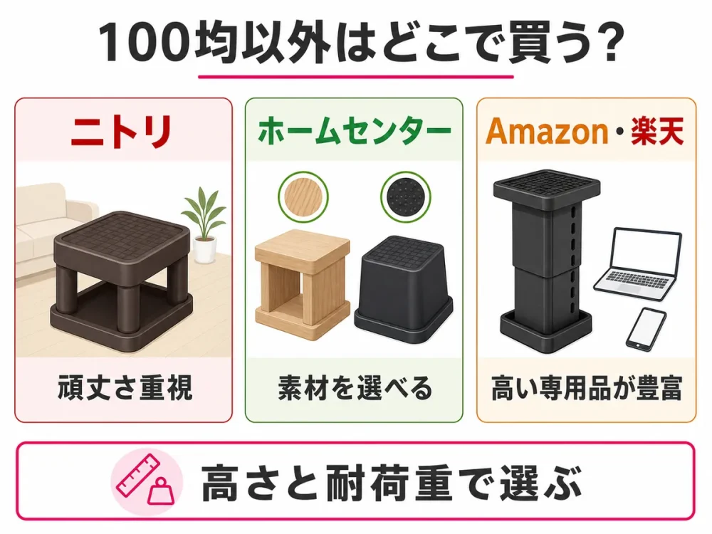 机やテーブルの継ぎ足を100均以外で買える場所と特徴を比較した図解
