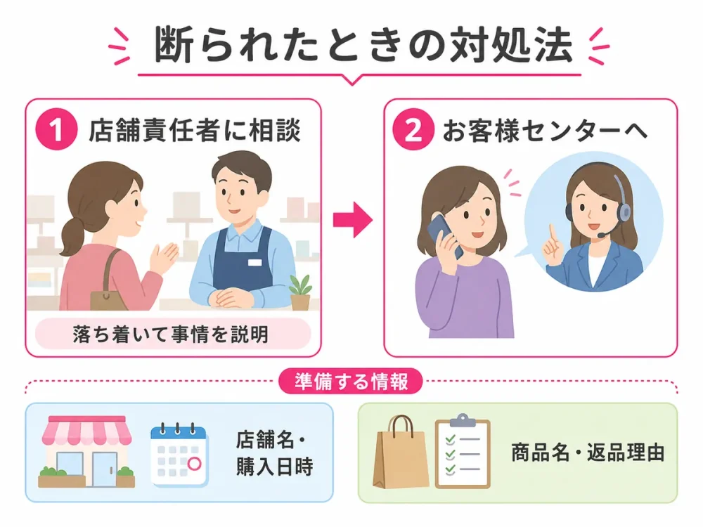 返品を断られたときに店舗責任者やお客様センターへ相談する流れを示す図解