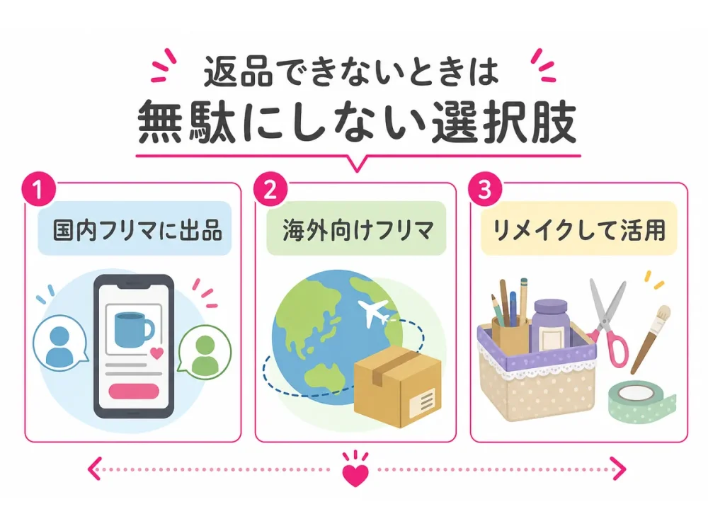 返品できない商品をフリマ出品やリメイクで活用する選択肢を示す図解