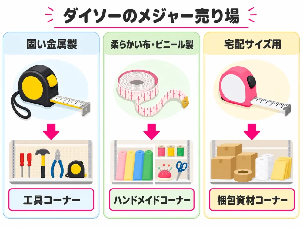 ダイソーでメジャーの種類別売り場を示す図解