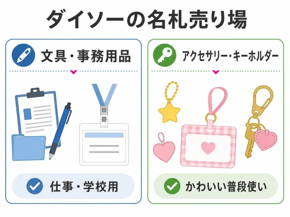 ダイソーの名札売り場を文具・事務用品とアクセサリー・キーホルダーに分けた図