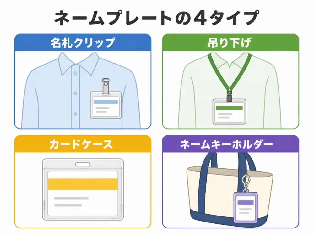 ダイソーのネームプレート4タイプを紹介する図