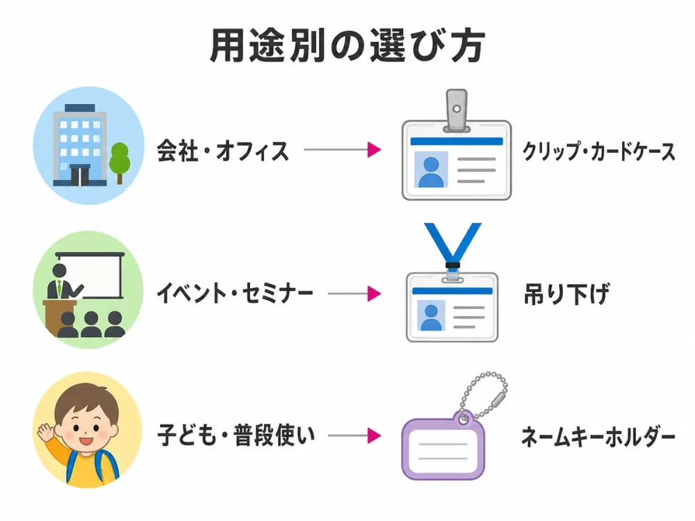用途別におすすめの名札タイプを示した選び方の図