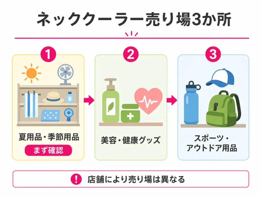 ダイソーでネッククーラーを探す3つの売り場を示した図解