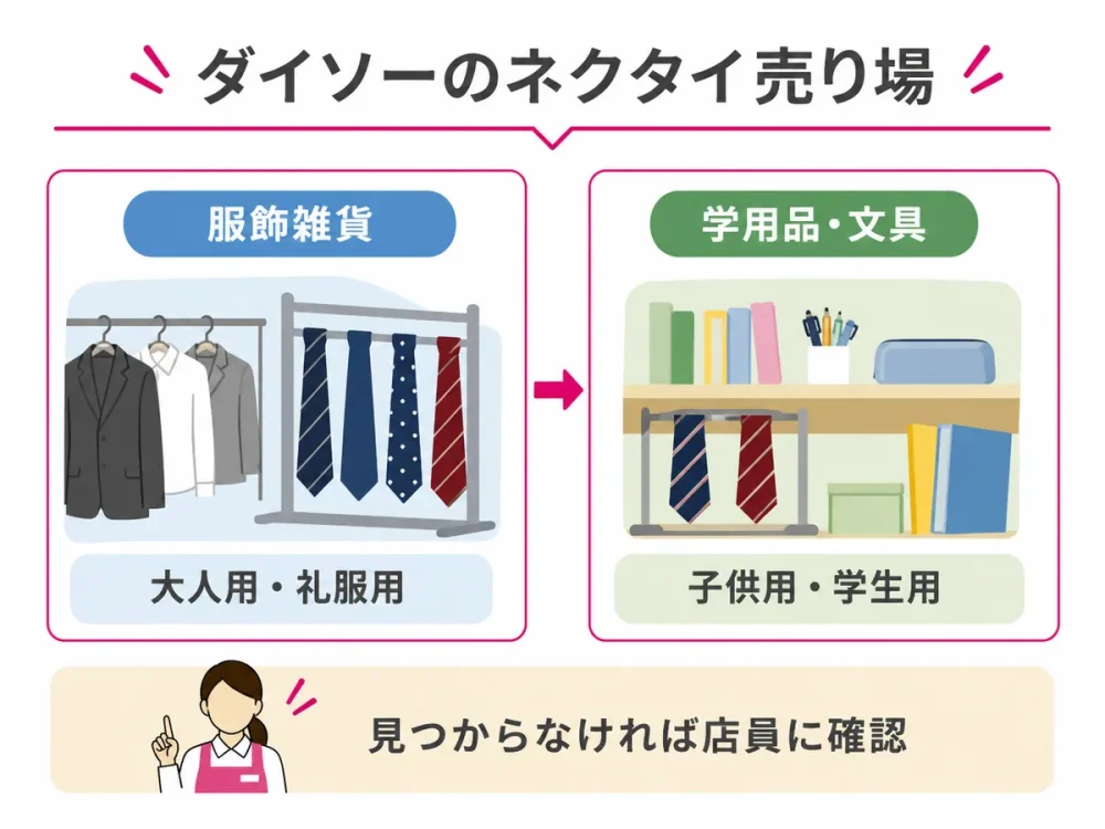 ダイソーでネクタイを探す服飾雑貨と学用品・文具の売り場