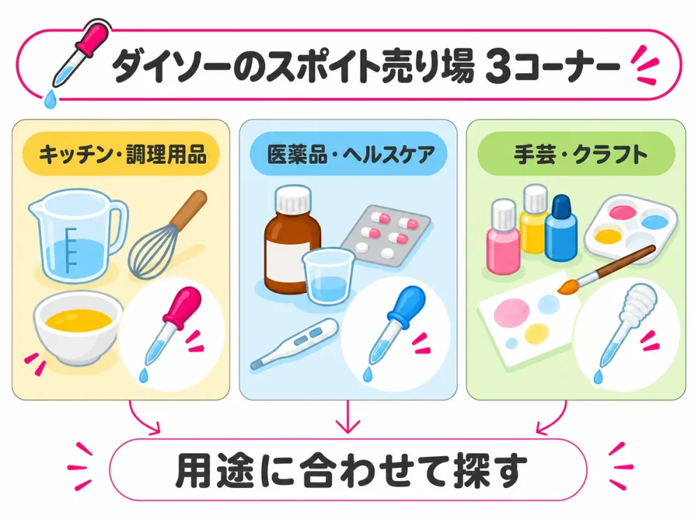 ダイソーのスポイト売り場で探す3つのコーナー