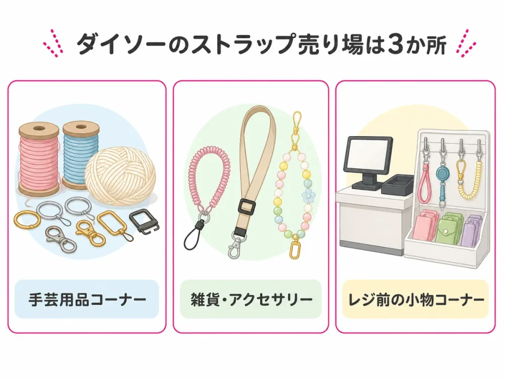 ダイソーのストラップ売り場3か所である手芸用品・雑貨アクセサリー・レジ前の小物コーナー