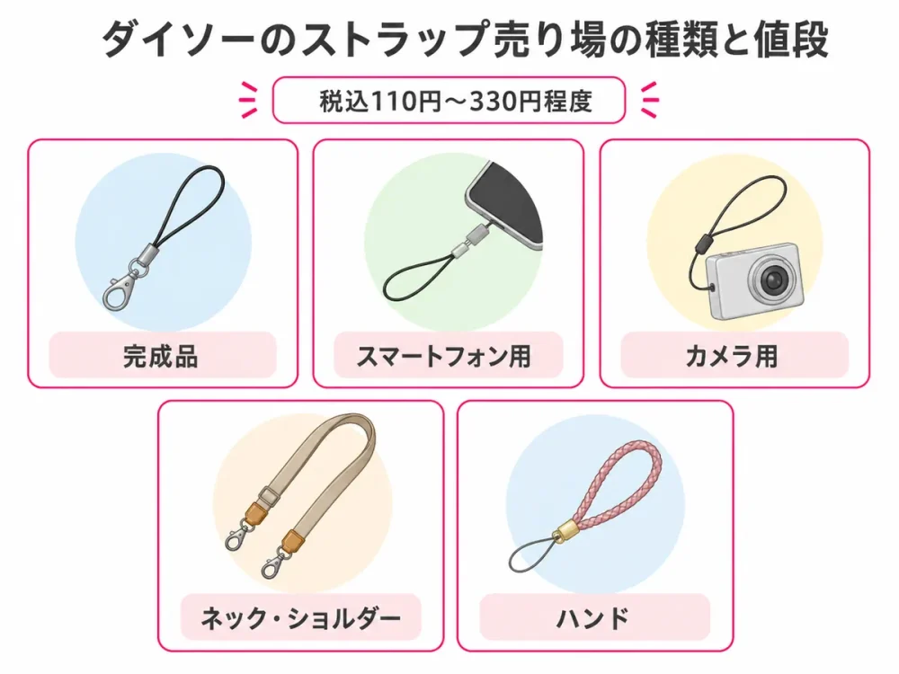 ダイソーのストラップ売り場で選べる5種類と税込110円から330円程度の価格帯