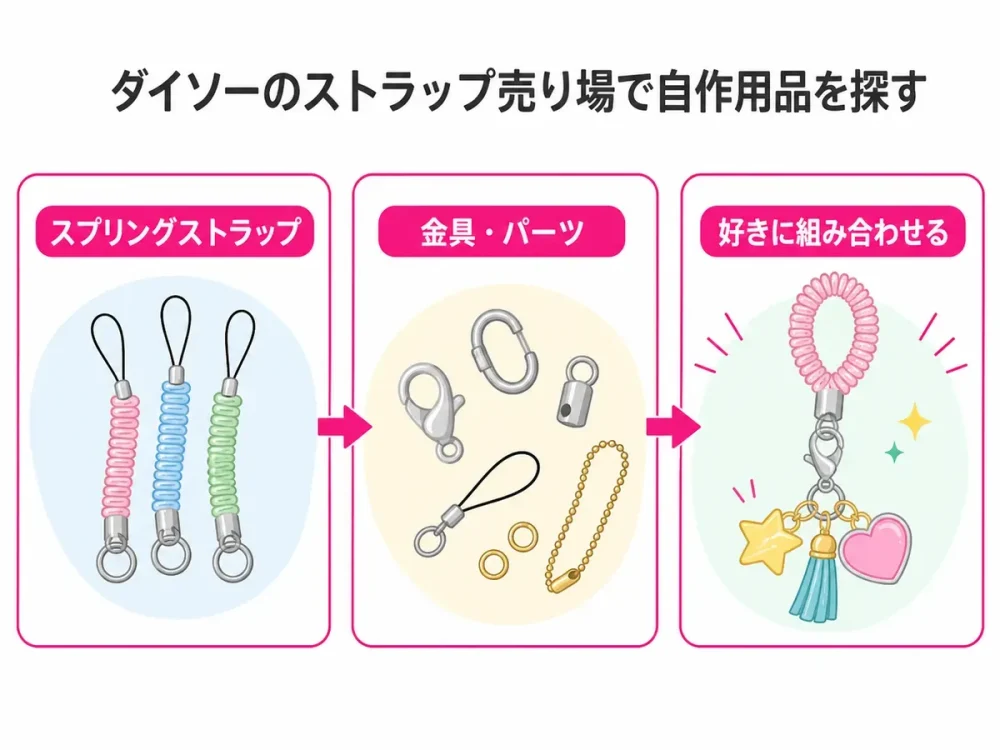 ダイソーのストラップ売り場で探せる自作用のスプリングストラップと金具・パーツ