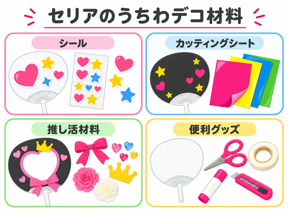 セリアのうちわデコに使えるシールやカッティングシートなどの材料
