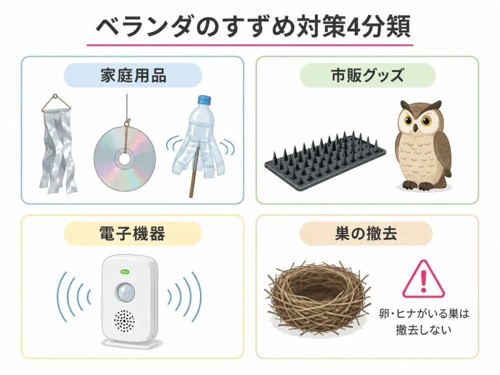 ベランダのすずめ対策を家庭用品・市販グッズ・電子機器・巣の撤去に分けた図