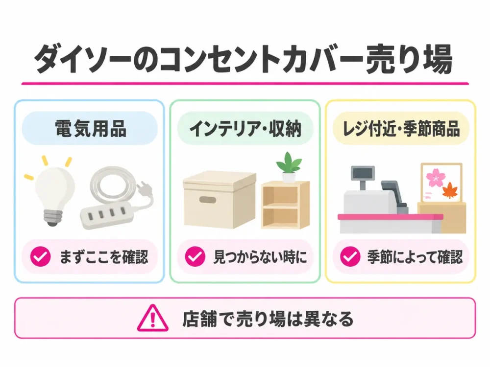 ダイソーのコンセントカバーを探す電気用品、インテリア・収納、レジ付近の売り場候補