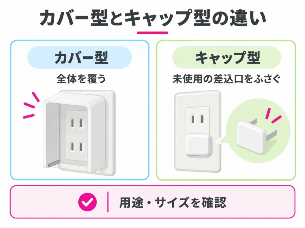 コンセント全体を覆うカバー型と未使用の差込口をふさぐキャップ型の違い