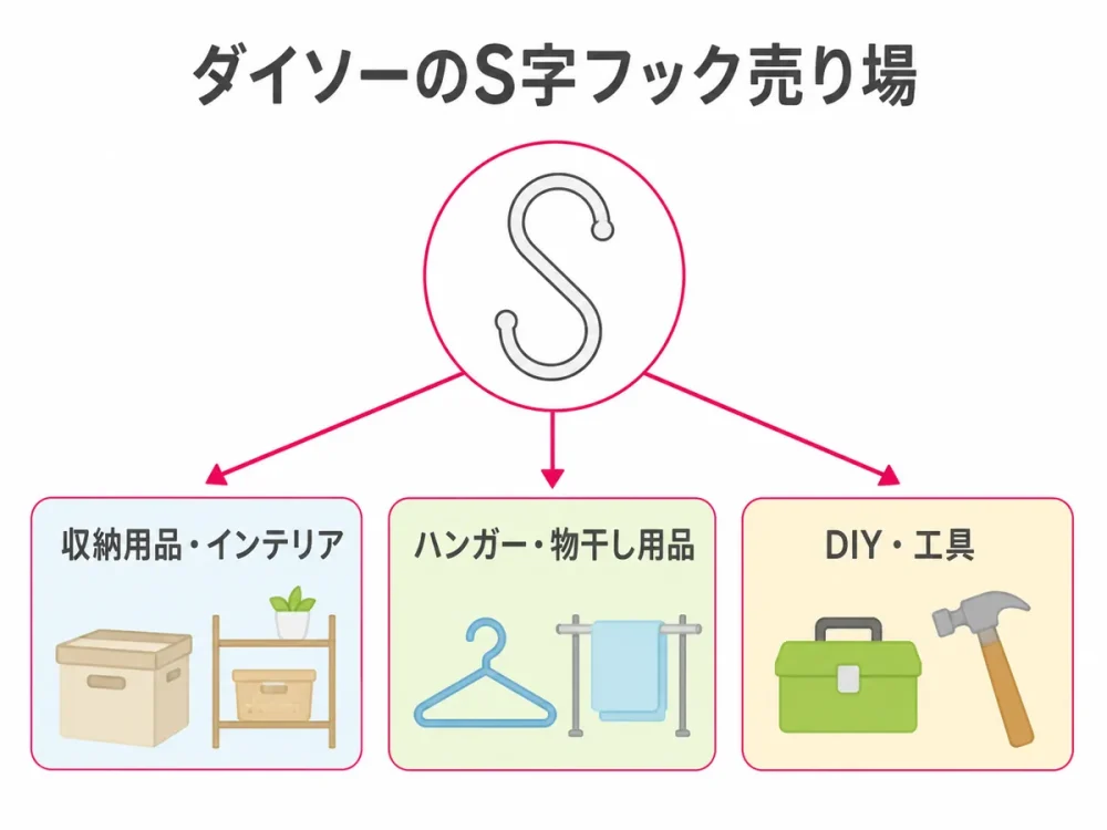 ダイソーのS字フックがある3つの売り場