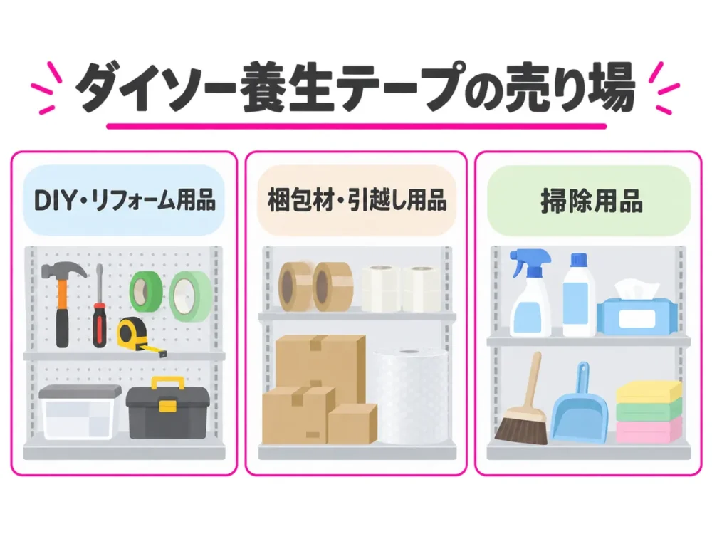 ダイソーの養生テープの主な売り場としてDIY・リフォーム用品、梱包材・引越し用品、掃除用品を示す図解