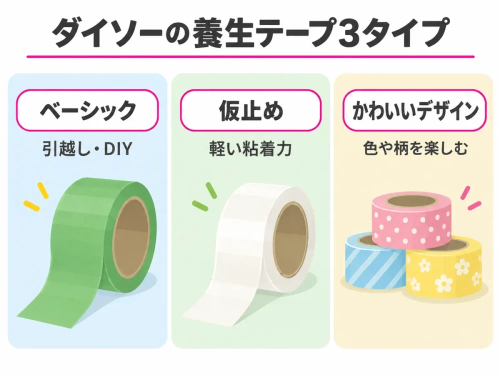 ダイソーの養生テープをベーシック、仮止め、かわいいデザインの3タイプに分けた図解