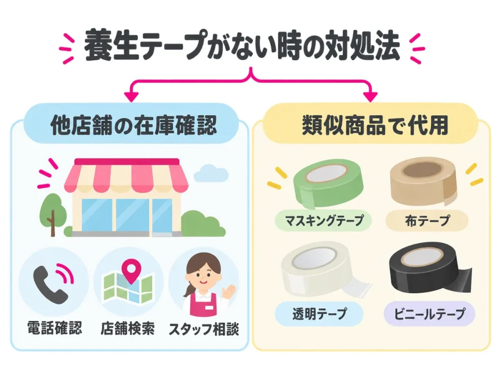 ダイソーで養生テープが見つからない時の在庫確認と類似商品による代用方法を示す図解