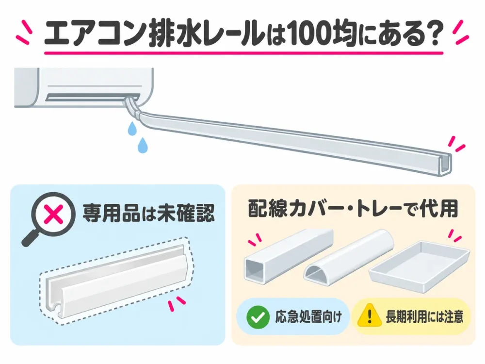100均のエアコン排水レール専用品は未確認で、配線カバーやトレーの代用は応急処置向け
