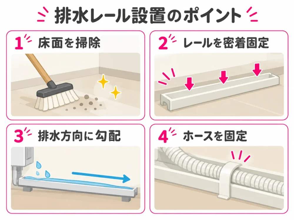 排水レール設置時の床面清掃・密着固定・勾配・ホース固定のポイント